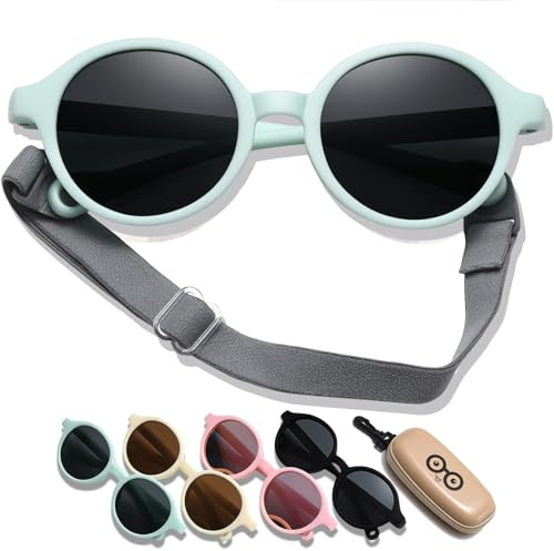 D Lolylad Gafas de sol para bebés de 0 a 36 meses, polarizadas para niños, protección UV400 con correa, ajustables, para niñas, niños, niños pequeños (marco verde/gris)