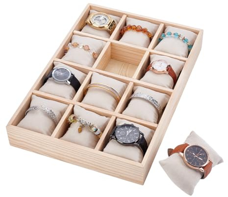 nbeads Bandeja organizadora de 12 rejillas para reloj de pulsera, bandeja de almacenamiento apilable para pulseras y brazaletes con cojín de terciopelo, ideal para cajones y presentación de relojes