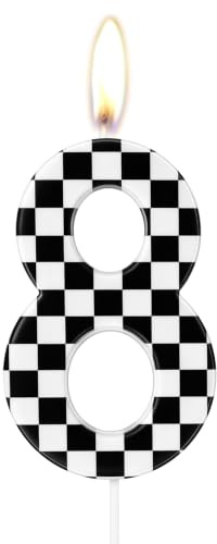 Alaoo 8 års födelsedagsljus, svart och vitt Damier nummerljus, topper tårta, sifferljus, födelsedagstema, racingbilar, för födelsedagsfest, flicka, pojke