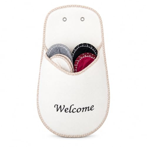 Holyhome Set 4 Paia Pantofole Ospiti Unisex in Feltro con Organizer Welcome da Appendere – Ciabatte Ideali per Casa, B&B e Casa Vacanze, Bianco, Taglie Assortite 35-45 EU