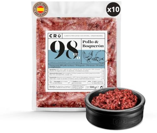 CRU - Comida para Gatos Cruda y Natural Pollo y Boquerón - Dieta Barf para Gatos Junior y Adultos - Comida Congelada para 1 Mes - 10 Paquetes de 500g. (10 Paquetes, Pollo & Boquerón)