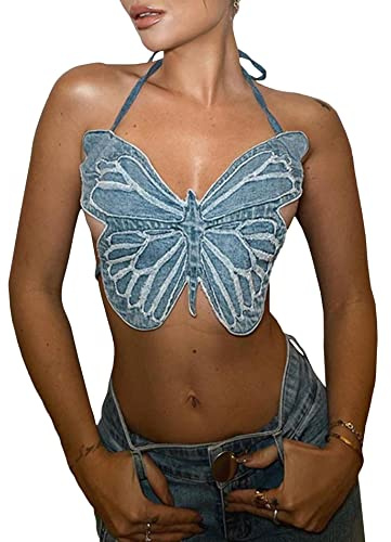 Chaleco sin mangas para mujer, sin mangas, con tubo de mariposa, para danza del vientre, trajes sin espalda, top corto, Azul/Patchwork, Talla unica