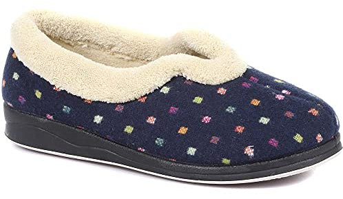 Pavers Ladies Wide Fit Polka Dot Slippers in Navy with Memory Foam and Anti-Odour Treatment Women Fluffy Inner Lining Slip On Shoes - Size UK 6/EU 39