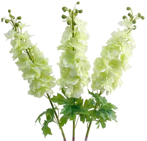 YalzoneMet 3Pcs Light Green Delphinium Artificial Flower Long Stem for Tall Vase 31.5'' Real Touch Fake Larkspur Latex Big Delphinium for Home Decor Floor Vase Flora Table Centerpiece