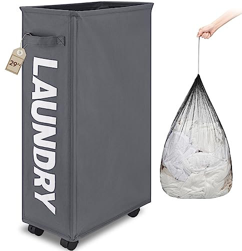 TOTANKI Großer Wäschekorb, Hoher und Schmaler, Faltbarer Mobiler Wäschekorb mit 4 Rollen und Beidseitigen Griffen, Zusammenklappbarer Aufbewahrungskorb (Grau, L)