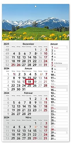 4-Monatskalender 2024 Alpen mit Streifenkalender 4 Monate Übersicht I 30 x 60 cm I Wandkalender I Jahresplaner mit Schieber I zum Aufhängen und Abreißen I Motiv Berge Wiese Allgäu Urlaub I tr167