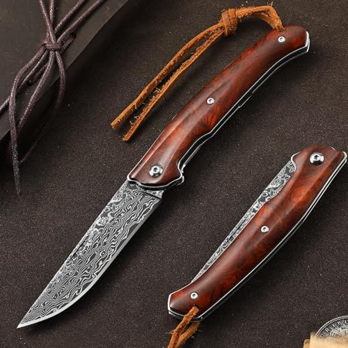 Omesio Couteau de poche damas à deux mains - Manche en bois haut de gamme, Acier forgé VG10, couteau de chasse et de camping pour l'extérieur