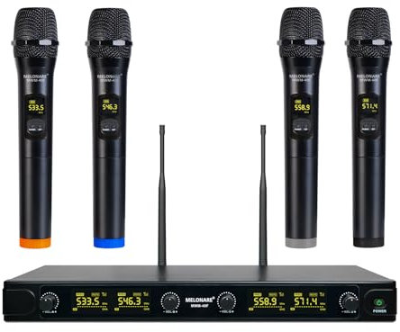 MELONARE UHF Wireless Microphone System, Quad-Channel Wireless Mic Set w/ 4 Handheld Dynamic Microphones, Color Coded Microphone for Singing, Home Karaoke, DJ, Church, Wedding (MWM-40F)