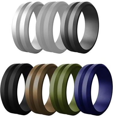 JewelryWe Anillo Deportivos Silicona Hombre: Anillo Estriado Transpirable 8mm Ancho Compromiso Propuesta Confesión Paquete de 7 Colores - Para Ocio Negocios Deportes Regalo 62mm