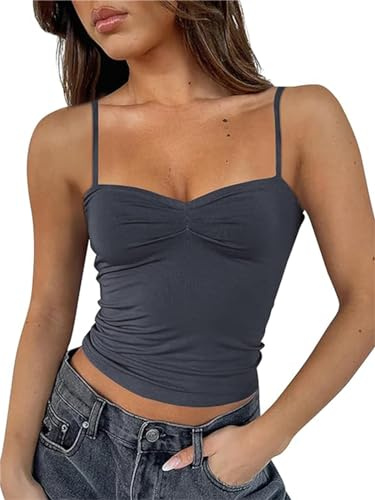 FOFAINWE Ärmlös hjärtformad urringning crop tank toppar rygglös spagettiremmar plissé bustier Y2K Camis utekväll topp, Mörkgrå, S
