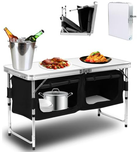 Tubiaz Campingküche, Campingschrank mit Aluminiumgestell, Klappbarer Camping Küche mit hitzebeständiger Arbeitsplatte, höhenverstellbar, für Camping und Outdoor, inklusive Tragetasche