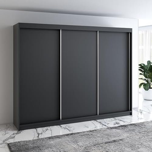 A&J MöbelLand Mero Schwebetürenschrank 200 cm, Kleiderschrank 3-türig mit 4 Schubladen (Schwarz)