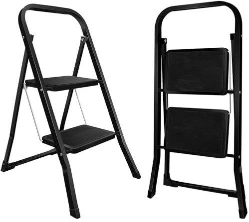 kisidus Escalera de 2 Peldaños, Escalera Plegable con Pedal Antideslizante y Ancho, Fácil de Guardar, Carga hasta 150 kg, para Cocinas