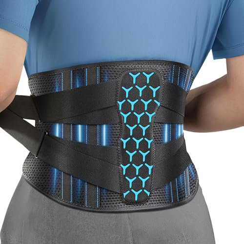 Rakiie Back Support Belt for Lower Back Pain Relief with 7 Stays, Adjustable Back Brace Support for Work, Heavy Lifting, Lumbar Support Belt for Sciatica Scoliosis (Blue, M)
