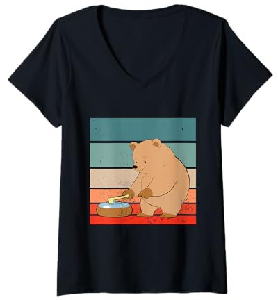 Damen Bär Cartoon Curling Besen Stein Eis Sport freundlich T-Shirt mit V-Ausschnitt