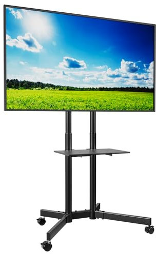 BONTEC Mobiler TV-Wagen mit Verriegelbaren Rollen, Höhenverstellbar für 32-85” LED LCD OLED TVs, VESA 600x400mm, Tragfähigkeit bis 55kg, Mit Laptop-Regal & Kabelmanagement, Für Büro, Zuhause & Gaming