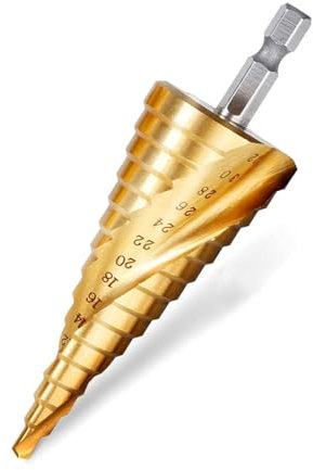 Broca escalonada (4 – 32 mm), ranura en espiral, broca escalonada, soporte para brocas, brocas cónicas, para metal, acero, metal blando, madera, plásticos