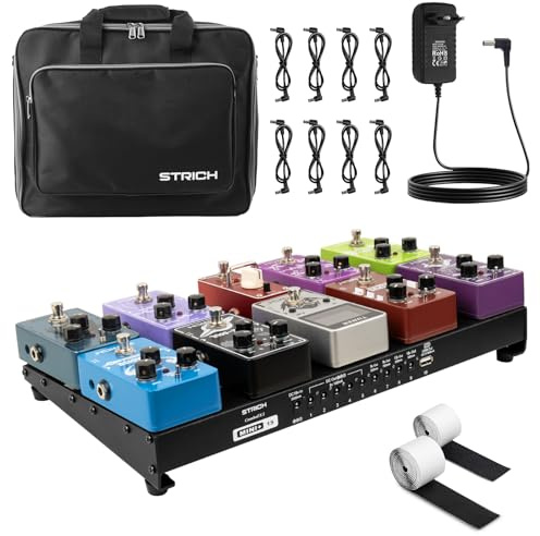 STRICH Tabla de Pedales de Guitarra con Fuente de Alimentación Integrada, Tabla de Pedales 15 x 7.8 Aleación de Aluminio Ligera, Tabla de Pedales con Cables de Pedal, Bolsa, Tiras de Velcro PB-MP15