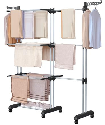 Oak & Tea Wäscheständer Turm, 200cm(Ausziehbar Flügeln), XXL Wäscheturm mit Rollen, 4 Etagen Wäscheständer, Großer Standtrockner, für Innen- und Außenbereich, Schwarz