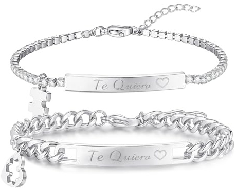 Nyisie Set di bracciali per coppie, in acciaio inox con zirconi, regalo per coppie, in argento Sterling S925, in acciaio inox, 21 cm, regalo di San Valentino per fidanzato e fidanzata