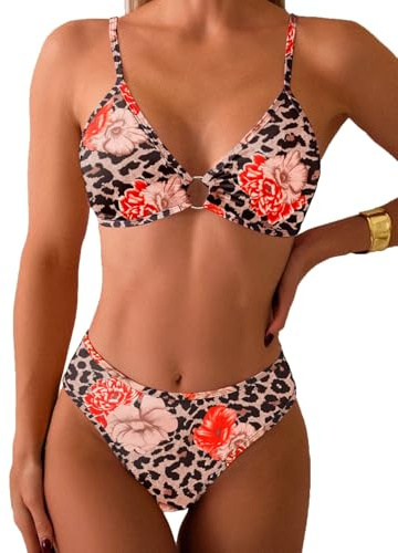 Fanuerg Women's Two Piece Bikini Sets O Ring Front Top Triangle Swimsuits Cheeky Bathing Suit Retro Rose Floral Print S