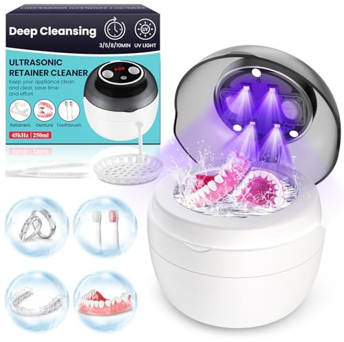 Ultrasonic Retainer Cleaner Machine, Denture Cleaner for Mouth Guard, Night Guard, Aligner, Dentures, Jewelry, Toothbrush Heads, 45kHz 250ML UV Ultrasonic Denture Ultra Sonic Cleaning for Retainers