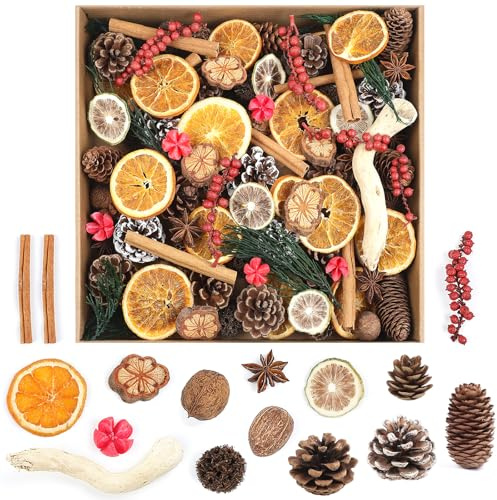Larber 123PCS 16 kinds Christmas Pine Cone Potpourri Bowl Filler, Natural Pine Cone, Orange slices,Green pine and cypress branches, Lime Slices for Vase Filler Table Crafts wreath Xmas Home decoration