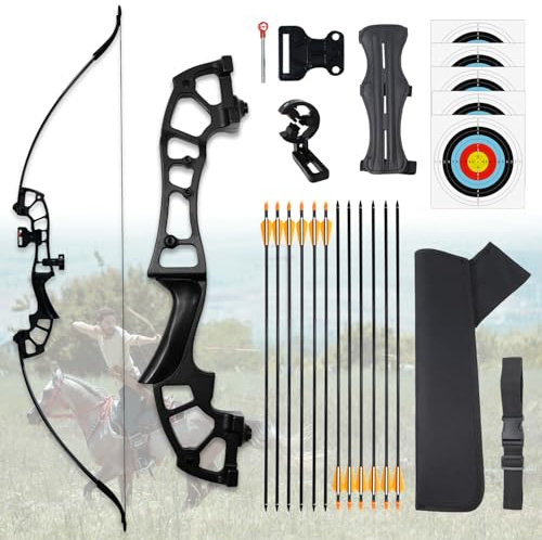 Runzkzy Arco Ricurvo, Arco da Tiro con Riser in Metallo Smontabile da 53 Pollici e Set di Frecce per Adulti, Arco da Caccia per Destrimani, Arco da Sopravvivenza da 30 Libbre con 12 Frecce-30lbs