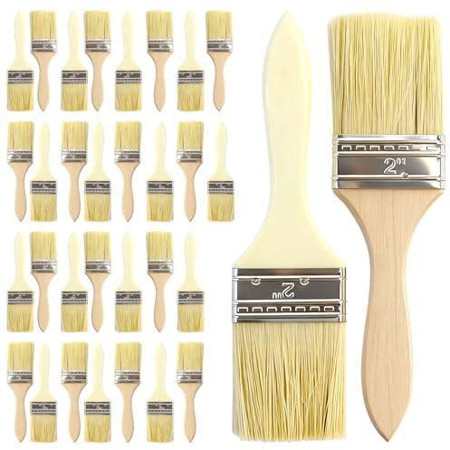 Paket med 32 Penselset, glasyrpensel 45 mm, penselset, platt pensel med trähandtag, platta penslar färgpensel träset, målarborste lackpensel platt pensel för fäkter, dekorering, målning