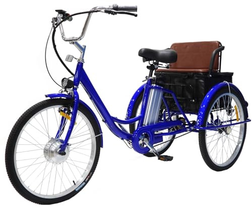 Triciclo eléctrico para adultos de 24 pulgadas con batería de litio de 36 V 12 Ah y cesta multifunción en el asiento trasero, carga máxima de 150 kg, apoyo humano, soporte de motor (azul)