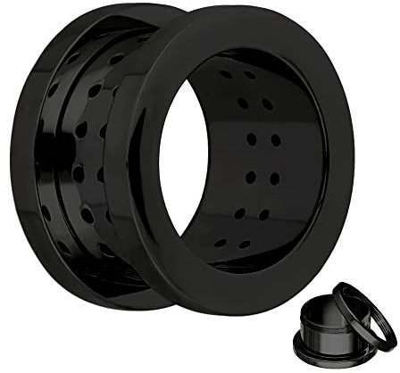 Treuheld® | 12mm Ohr Flesh Tunnel | Atmungsaktiv mit Löchern| Schwarz | Chirurgenstahl | Damen und Herren | Gewinde Schraubverschluss zum Schrauben
