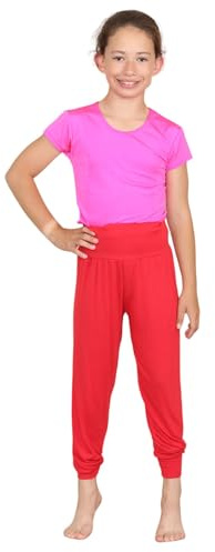 Hamishkane® Haremsbyxor för flickor, trendig baggy fit Alibaba leggings, avslappnade yogabyxor, snygg dans harems bekväma sommarbyxor för barn, aktiva flickor, Röd, 7-8 År