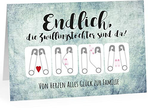 Große XXL Design Geburtskarte zur Geburt/Zwillinge/Klappkarte/mit Umschlag / A4 / 2 Mädchen - Zwillingstöchter/Baby geboren/Grußkarte zur Gratulation Eltern