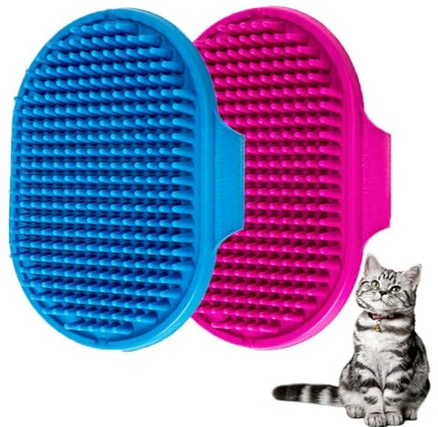 Pet Bath Brush for Dogs Cats,YMCCOOL Pet Grooming Shampoo Brush 2pcs Soothing Massage Rubber Comb with Adjustable Ring Handle for Long Short Haired Dogs and Cats (Blue +Rose)