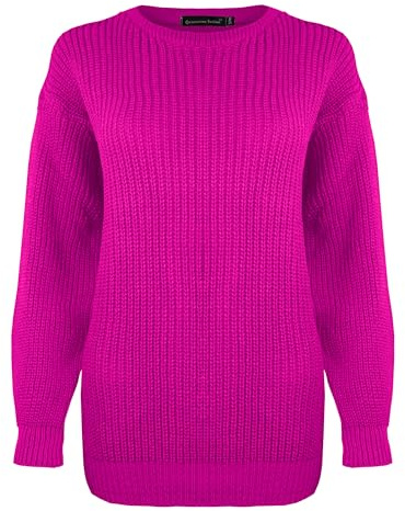 Generation Fashion New Ladies Women Long Sleeve Knitted Baggy Jumper Oversized Sweater Crew Neck Pullover Top[Fuchsia,LXL]