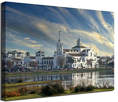 Cuadro lienzo canvas Ermita Virgen del Rocio Marismas Coto Doñana Huelva Blanca Paloma Andalucia España – Varias medidas - Lienzo de tela bastidor madera de 3 cm - Impresion alta resolucion (120, 80)