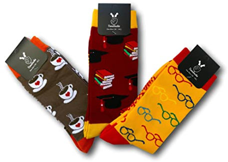 TwoSocks lustige Socken Damen Herren witzige Strümpfe als Geschenk Einheitsgröße (Student vor der Prüfung (Cappuccino + Brille + Buch))