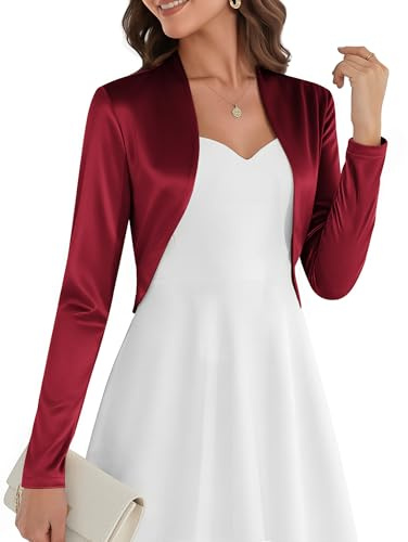 Belle Poque Women Long Sleeve Bolero Shrug Open Front Satin Jacket Ruffled Shrugs for Evening Dresses Formal Wine Red L