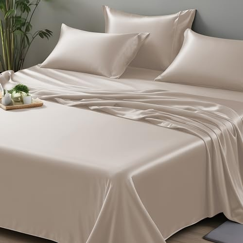 LINENWALAS Ekologiskt veganskt lakan i bambu, endast lakan, mjukt, silkeslent, svalkande sängkläder i bambu, ”king size”, lyxigt lakan, perfekt för huden, 320 x 290 cm (126 x 114 tum), brungrått