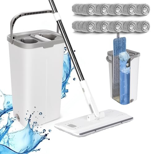 Wischmopp Set mit Eimer, MASTERTOP Bodenwischer Set mit Verstellbarer Griff und 5 Mikrofaser Wischpads, 2 in 1 Putzeimer and Wischmopp Set, Wischer mit Auswringfunktion für All Boden-Weiß