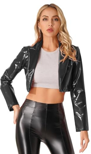 dPois Damen Jacke Lederoptik Kurz Mantel Cropped Jacke Bolero Lack Leder Bikerjacke Offen mit Reverskragen Gothic Punk Clubwear Schwarz 3XL