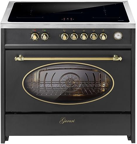 GURARI Herd mit Induktionskochfeld 90 cm 913 RU BL Retro Standherd Induktions in Schwarz | Freistehender Range Coocker mit 5 Induktionszonen (2 Flex Zone) alle mit Booster