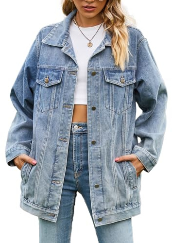 Sukany Veste en jean décontractée pour femme, surdimensionnée, boutonnée, col rabattable, manches longues, manteau mi-long