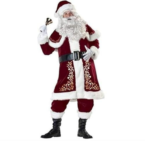 Christmas Santa Claus Costume Xmas Outfits Adults Kids Luxury Deluxe Velvet Cosplay Fancy Dress Theme Party Clothes Set (Red-Adults, L)