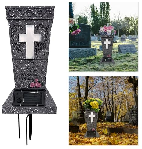 Solar Cemetery Vase with LED Cross Lamp Memorial Flower Holder with Spike Headstones Vases Gravestone Garden Decorations Condolence Gifts for Loss of Loved One