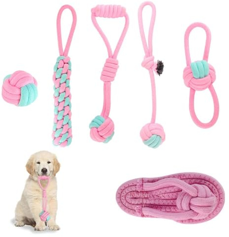 VireEyU Set de juguetes para perros de cuerda para perros pequeños y medianos, 6 piezas, juguetes de masticar duraderos e interactivos de algodón natural, ideal para cachorros y juguetes dentales.