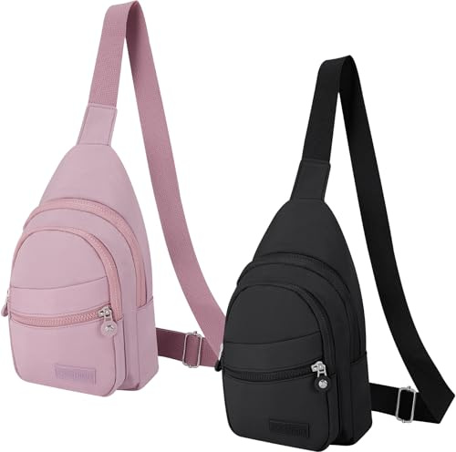 2PCS Sling Chest Bags for Women Men Waterproof Nylon Crossbody Bag Anti-Theft Shoulder Bag Multi-use Backpack Lightweight Storage Chest Bag for Travel Hiking Cycling Outdoor Sports- Pink+Black