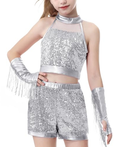 LOLANTA Traje Lentejuelas Niña Hip Hop, Top Sin Mangas y Short para Baile | Conjuntos de lentejuelas,trajes de hip hop,ropa de baile brillante,para presentaciones en el escenario y competencias