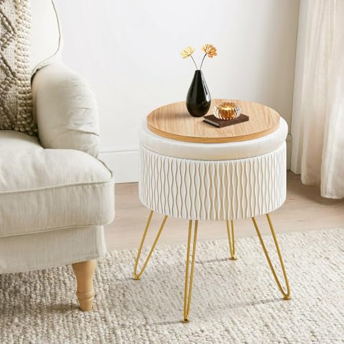Ckaff Runder Sitzhocker mit Stauraum, Hocker Schminktisch mit Stauraum, Schminkhocker Samt Fußhocker Ottoman Gepolsterter Hocker Abnehmbarer Bezug Metallstütze für Wohnzimmer Schlafzimmer, Beige