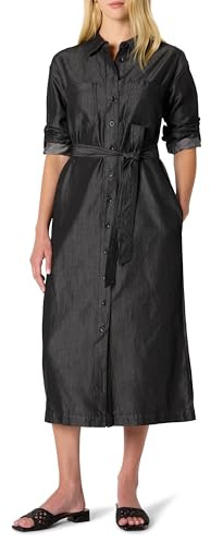 Amazon Essentials Women's Regular-Fit Denim Chambray Long-Sleeve Button-Up Midi Dress, Black Wash, X-Large